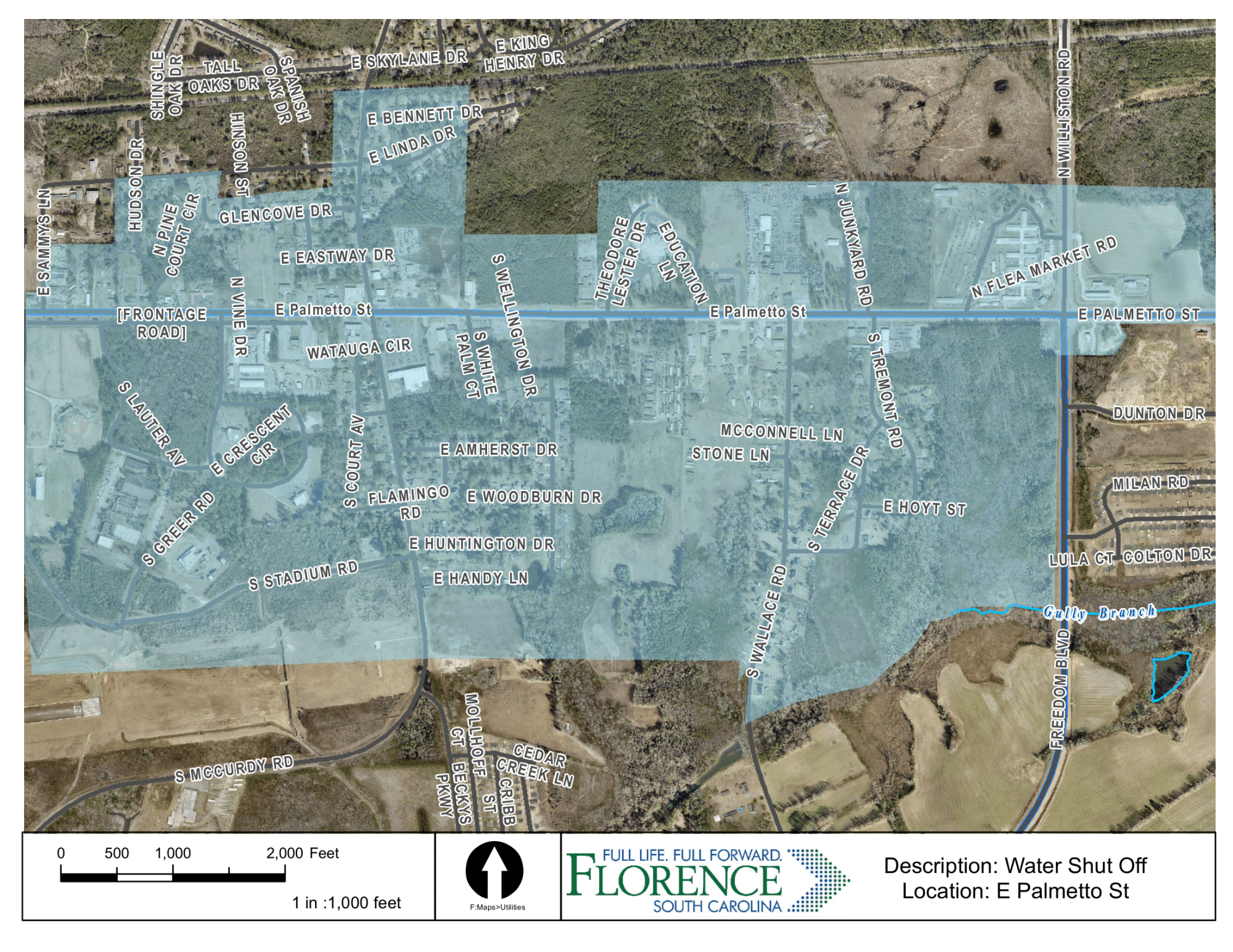 Planned Water Outage Scheduled for Businesses and Residents between the 3000 – 4000 Blocks of East Palmetto Street and Neighboring Areas on Saturday, August 20, 2022 Map